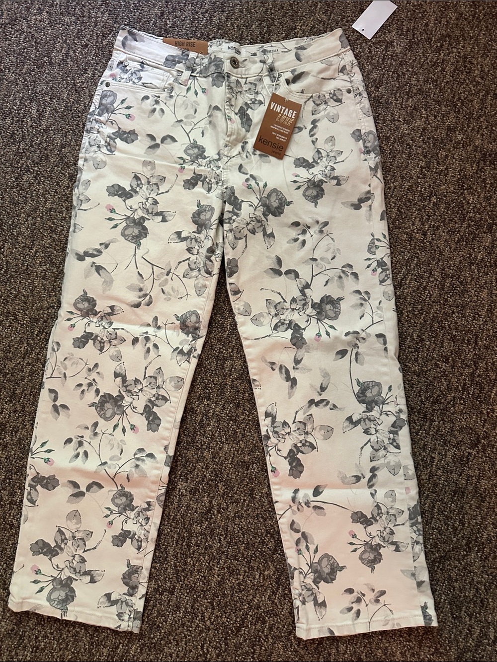 Kensie Cream Floral Straight-Leg Jeans